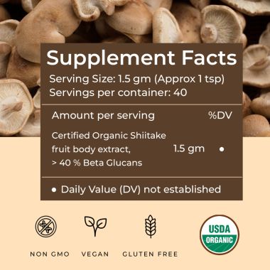 Rooted Active Naturals: Shiitake mushroom Extract Powder (60 g) |Cholesterol, Heart health, Immunity. USDA Organic, 40% Beta Glucans