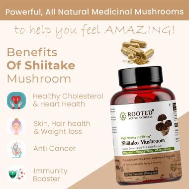 Rooted Active Naturals: Shiitake Mushroom 60 Capsules 650 mg | Supports Healthy Cholesterol & Helps BP Levels |Immunity, Heart, Skin & Hair Health & Weight Control