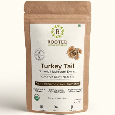 Rooted Active Naturals: Turkey Tail mushroom Extract Powder (60 g) | Gut Health, Liver, Immunity. USDA Organic, 35% Beta Glucans