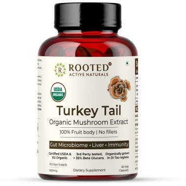 Rooted Active Naturals: USDA Organic Turkey Tail Mushroom Extract (60 Veg Caps, 500 mg), &gt; 35% Beta Glucans