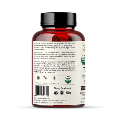 Rooted Active Naturals: USDA Organic Turkey Tail Mushroom Extract (60 Veg Caps, 500 mg), &gt; 35% Beta Glucans
