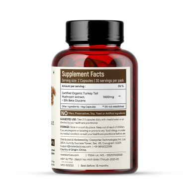 Rooted Active Naturals: USDA Organic Turkey Tail Mushroom Extract (60 Veg Caps, 500 mg), &gt; 35% Beta Glucans