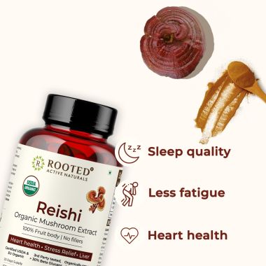 Rooted Active Naturals: Reishi mushroom Extract Powder (90 Veg Caps, 500 mg) | Heart health, Stress Relief, Liver.  supportUSDA Organic, 30% Beta Glucans