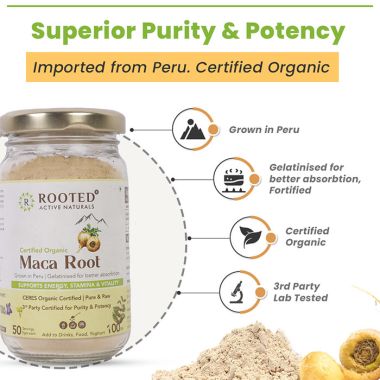 Rooted Active Naturals: Maca Root Extract powder (100 g) -Stamina, Virility, Hormonal support| Imported from Peru, Certified Organic, Gelatinised