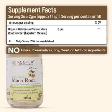 Rooted Active Naturals: Maca Root Extract powder (100 g) -Stamina, Virility, Hormonal support| Imported from Peru, Certified Organic, Gelatinised