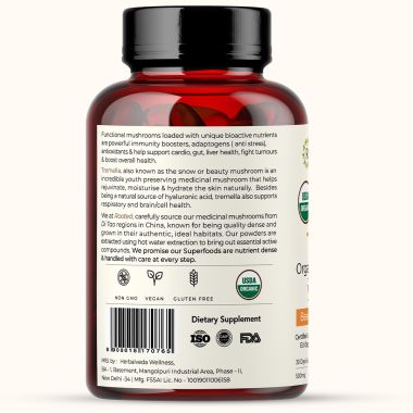 Rooted Active Naturals: Tremella Mushroom Extract  (60 Veg caps, 500 mg) |Beauty, Skin Glow, Collagen booster, Hyalyronic acid, Hydration| USDA Organic, 45% Beta Glucans