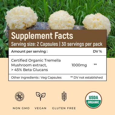 Rooted Active Naturals: Tremella Mushroom Extract  (60 Veg caps, 500 mg) |Beauty, Skin Glow, Collagen booster, Hyalyronic acid, Hydration| USDA Organic, 45% Beta Glucans