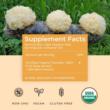 Rooted Active Naturals: Tremella Mushroom Extract  (45 g) |Beauty, Skin Glow, Collagen booster, Hyalyronic acid, Hydration| USDA Organic, 45% Beta Glucans