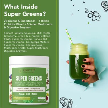 Rooted Active Naturals: Superfood Greens, Mushrooms & Herbs blend| (250 g), 22 Daily Greens & Fruits, 5 Mushrooms, Probiotics & Enzymes | Rich in vitamins, minerals, iron, fiber & antioxidants
