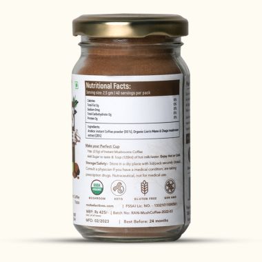 Rooted Active Naturals: Wellness Muhroom Coffee (100 g), Instant Arabica coffee with Superfood Mushrooms (lion's Mane & Chaga - 20%) |Focus, Energy, Immunity & Heart health