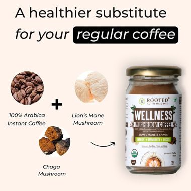 Rooted Active Naturals: Wellness Muhroom Coffee (100 g), Instant Arabica coffee with Superfood Mushrooms (lion's Mane & Chaga - 20%) |Focus, Energy, Immunity & Heart health