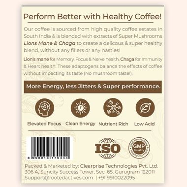Rooted Active Naturals: Wellness Muhroom Coffee (100 g), Instant Arabica coffee with Superfood Mushrooms (lion's Mane & Chaga - 20%) |Focus, Energy, Immunity & Heart health