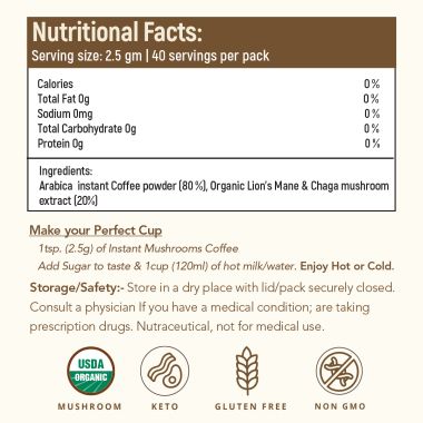 Rooted Active Naturals: Wellness Muhroom Coffee (100 g), Instant Arabica coffee with Superfood Mushrooms (lion's Mane & Chaga - 20%) |Focus, Energy, Immunity & Heart health