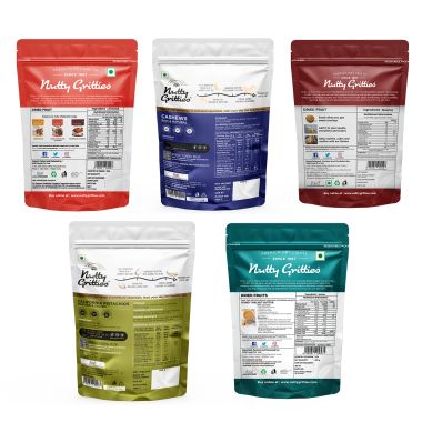 Nutty Gritties: Mixed Daily Needs Nuts Dry Fruits - Almonds, Walnuts Kernels, Cashews, Roasted Salted Pistachios and Raisins Combo - 1Kg (5 Pack of 200g each)