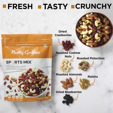 Nutty Gritties: Sports Mix - Roasted Almonds, Cashews, Pistachios, Dried Blueberries, Cranberries and Raisins - 400g (2 pack of 200g each)