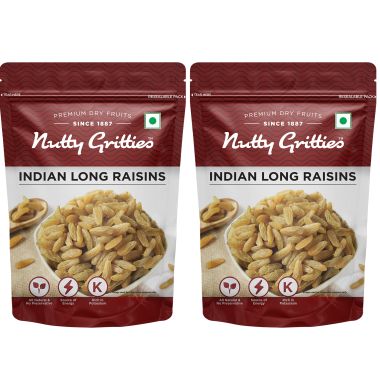Nutty Gritties: Indian Long Raisins, Seedless Premium Green Raisins, Kishmish, Healthy Snack - 400g (2 Pack of 200g each)