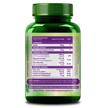 Vlado's Himalayan Organics: Alfalfa, Calcium Citrate Malate 1200mg with Vitamin D, K2 (MK7), B12, Zinc & Magnesium - 120 Veg Tablets