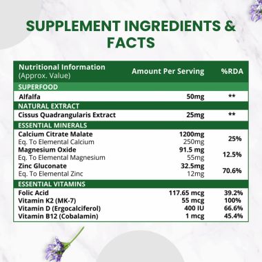 Vlado's Himalayan Organics: Alfalfa, Calcium Citrate Malate 1200mg with Vitamin D, K2 (MK7), B12, Zinc & Magnesium - 120 Veg Tablets