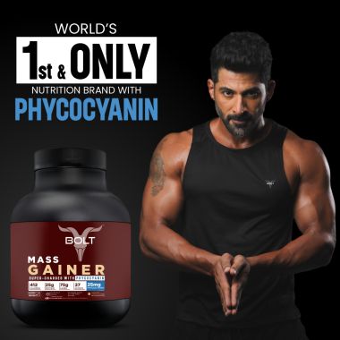 Bolt Nutrition: Mass Gainer | Weight Gainer | Supercharge with Phycocyanin | 25g Protein, 75g Carbs & 412 Calories For Muscle Gainer & Weight Gain Objectives | 2LB/907g (9 Servings) | Piedmont Chocolate