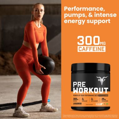 Bolt Nutrition: Pre Workout Supplement With Caffeine, Citrulline Malate, B-Alanine, Taurine | For Explosive Energy, Pump & Focus |Tangy Orange