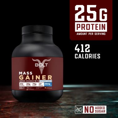 Bolt Nutrition: Mass Gainer | Weight Gainer | Supercharge with Phycocyanin | 25g Protein, 75g Carbs & 412 Calories For Muscle Gainer & Weight Gain Objectives | 2LB/907g (9 Servings) | Piedmont Chocolate