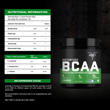 Bolt Nutrition: Nutrition BCAA 2:1:1 - 5g Vegan BCAAs, Pre/Intra/Post Workout - 240g, 30 Servings,Blueberry Blast