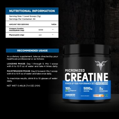 Bolt Nutrition: Micronised Creatine With Creapure Powder From Germany (Orange Tangy, 210G)