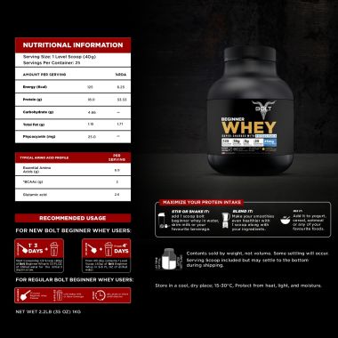Bolt Nutrition: Nutrition Beginner Whey Protein Powder |18g Protein, 3g BCAA Per Serving | 2.2LB/1KG, 25 Servings | Hazelnut Chocolate