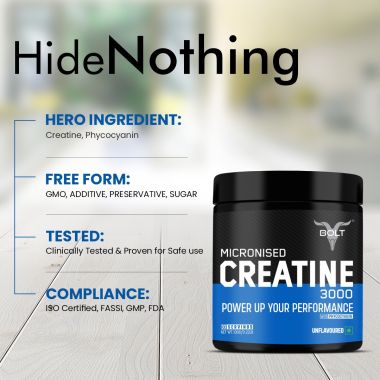 Bolt Nutrition: Micronised Creatine Monohydrate 3000 | Boosts Athletic Performance |100 gm , 33 serving | Unflavored