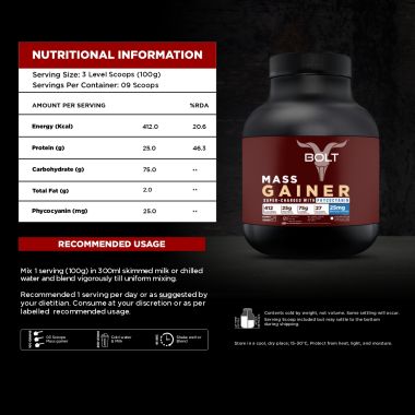 Bolt Nutrition: Mass Gainer | Weight Gainer | Supercharge with Phycocyanin | 25g Protein, 75g Carbs & 412 Calories For Muscle Gainer & Weight Gain Objectives | 2LB/907g (9 Servings) | Madagascar Vanilla