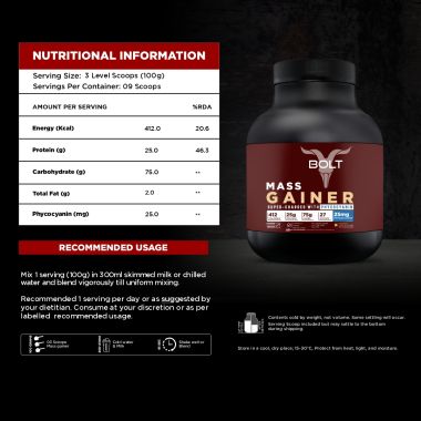 Bolt Nutrition: Mass Gainer | Weight Gainer | Supercharge with Phycocyanin | 25g Protein, 75g Carbs & 412 Calories For Muscle Gainer & Weight Gain Objectives | 2LB/907g (9 Servings) | Piedmont Chocolate
