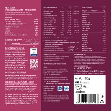 The Whole Truth: Whey Protein Isolate+Concentrate  Light Cocoa 210g (Pack of 6)  24g Protein/Sachet 6.6g BCAA  100% Authentic & No Adulteration  Clean, Light & Easy to Digest  Sample & Travel Pack