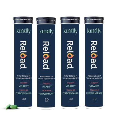 Kindly Health: Ashwagandha Reload | Stamina Booster For Men Ayurvedic Ingredients 100% Natural | B12 Ginkgo Biloba and Muira Puama | Extra Strength and Energy | 120 Tablets, Pack of 4