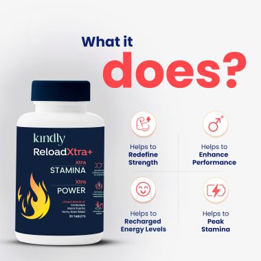 Kindly Health: ReloadXtra+ Horny Goat Weed | Stamina Booster For Men Ayurvedic Ingredients 100% Vegan | Vitamin B12 and Muira Puama | Extra Strength and Energy | 120 Tablets, Pack of 4