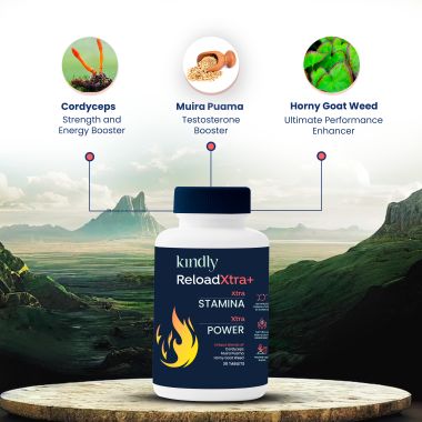 Kindly Health: ReloadXtra+ Horny Goat Weed | Stamina Booster For Men Ayurvedic Ingredients 100% Vegan | Vitamin B12 and Muira Puama | Extra Strength and Energy | 120 Tablets, Pack of 4