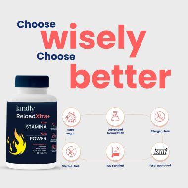 Kindly Health: ReloadXtra+ Horny Goat Weed | Stamina Booster For Men Ayurvedic Ingredients 100% Vegan | Vitamin B12 and Muira Puama | Extra Strength and Energy | 120 Tablets, Pack of 4