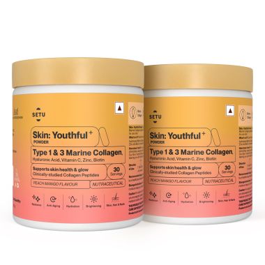 SETU: Skin Youthful Marine Collagen Powder Supplements for men and women,210 g | Hydrolyzed Collagen Peptides with N-Acetylglucosamine, Vitamin C, Zinc and Biotin | Supports Healthy Skin, Hair, Nails, Bones & Joint | Peach Mango Flavour (Pack of 2)