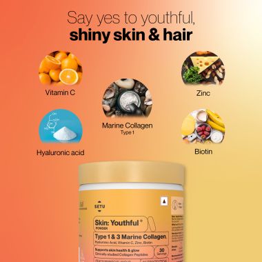 SETU: Skin Youthful Marine Collagen Powder Supplements for men and women,210 g | Hydrolyzed Collagen Peptides with N-Acetylglucosamine, Vitamin C, Zinc and Biotin | Supports Healthy Skin, Hair, Nails, Bones & Joint | Peach Mango Flavour (Pack of 2)