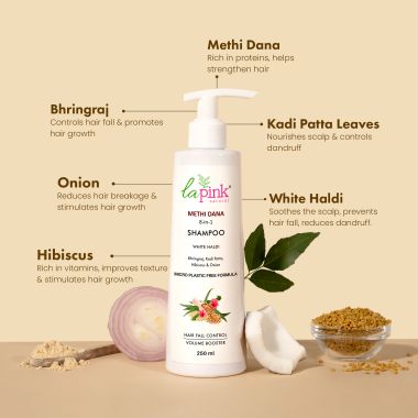 La Pink: Methi Dana 8-in-1 Shampoo for Hair Fall Control | 100% Microplastic Free Formula | Suitable for All Hair Types | 250ml