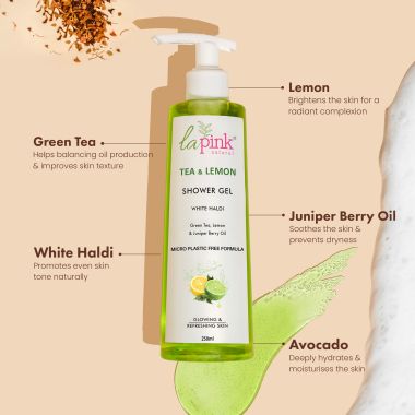 La Pink: Tea & Lemon Shower Gel with White Haldi for Glowing & Refreshing Skin | 100% Microplastic Free Formulation | Suitable for All Skin Types | 250 ML