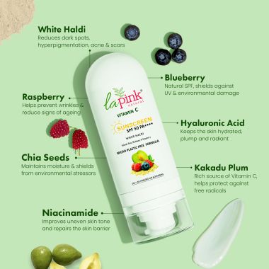 La Pink: Vitamin C Sunscreen SPF 50 with White Haldi for UVA & UVB Protection and Hydration & Mouisturization