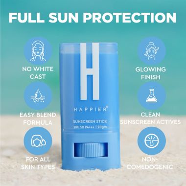 Happier: Sunscreen Stick SPF 50+ PA+++ - Sun Protection Stick for All-Day Against Harmful UVA/UVB Rays - 20gm