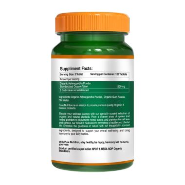 Pure Nutrition: Organic Ashwagandha supplement | 120 Tablets