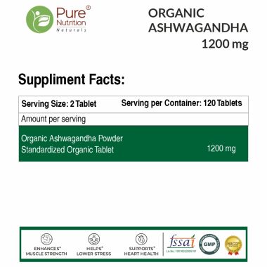 Pure Nutrition: Organic Ashwagandha supplement | 120 Tablets