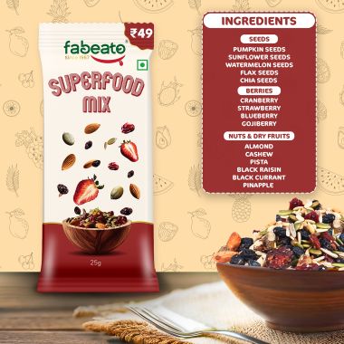 Fabeato: Munch on the Go Snack Premium Superfood Mix,Nuts, Dry Fruits, Seeds and Berries, Rich in Dietary Fiber, Rich in Protein - (25g x 10)