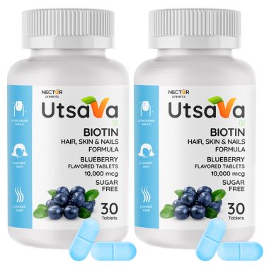Nector: Biotin Blueberry Sugar Free Chewable Tablets for Hair Skin & Nails | Pack of 2 | 30 Tablets each