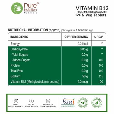 Pure Nutrition: Vitamin B12(Methylcobalamin)1500mcg |120 Tablets