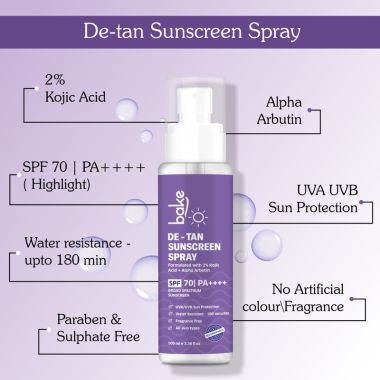 Bake Cosmetics: DeTan Sunscreen Spray SPF 70 PA++++ with 2% Kojic Acid