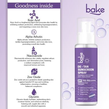 Bake Cosmetics: DeTan Sunscreen Spray SPF 70 PA++++ with 2% Kojic Acid