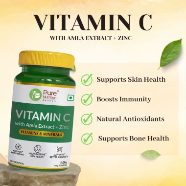 Pure Nutrition: Vitamin C with Amla Extract + Zinc Supplement | 60 Veg Tablets